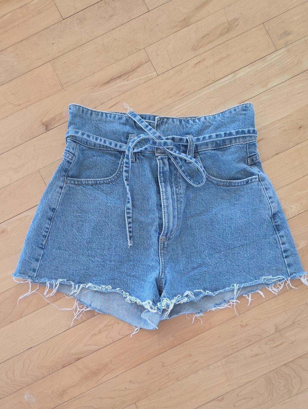 High-Rise Blue Denim Tie-Waist Shorts